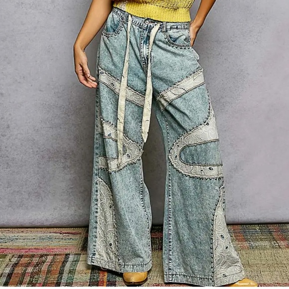 🎉 POL “ Monty “ POL Wide Pants Jeans with Eyelet Lace Detail 60A - Picture 7 of 8